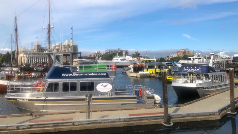 a boat is docked in a harbor