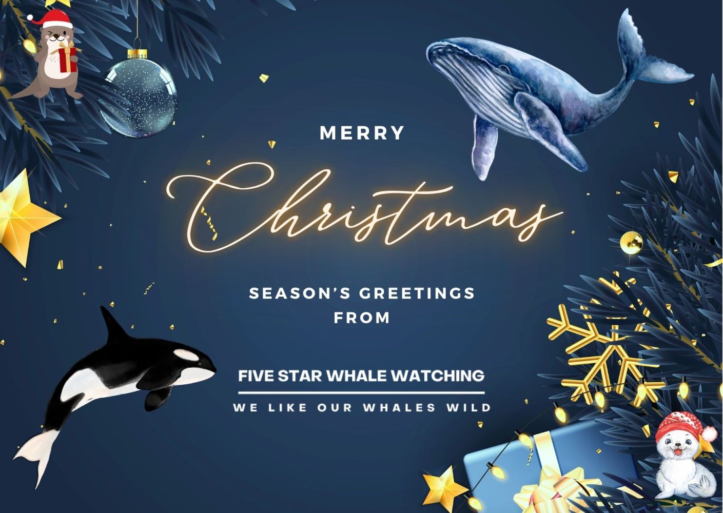 Christmas card with whale and orca illustrations, festive decorations, and text 'Merry Christmas'.