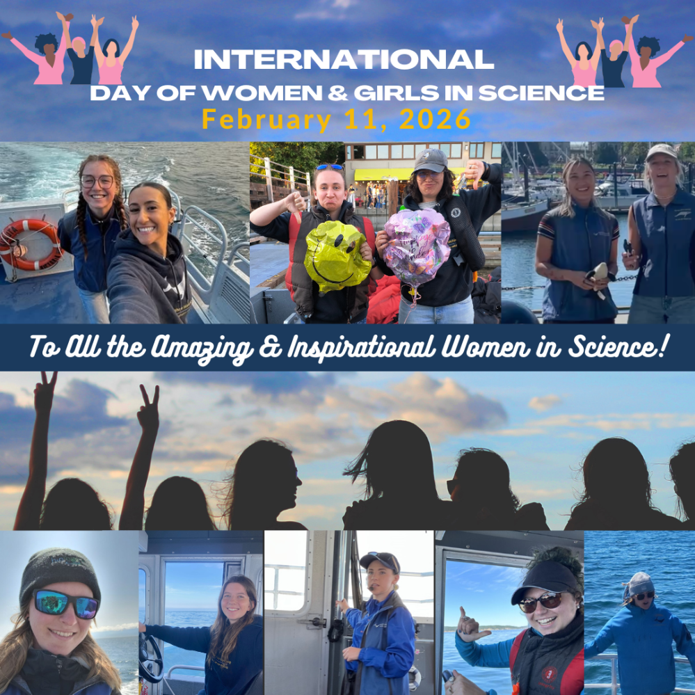 Collage celebrating International Day of Women and Girls in Science, featuring women on boats and with banners.